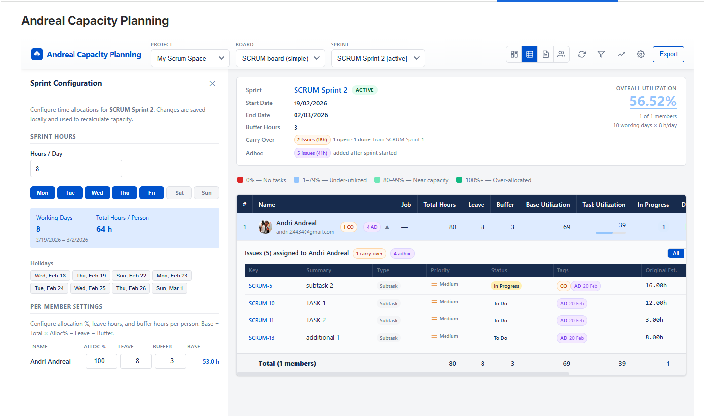 Andreal Capacity Planning — Capacity Table with Sprint Configuration