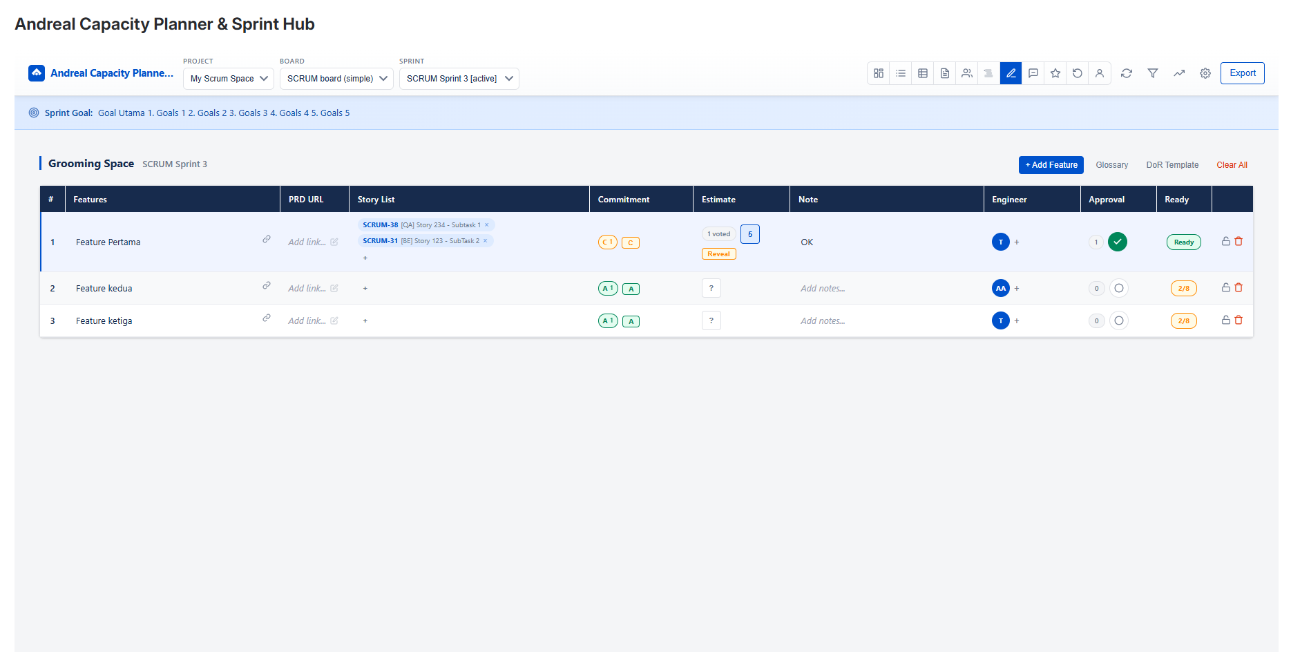 Grooming Space — planning poker, story linking, DoR checklist