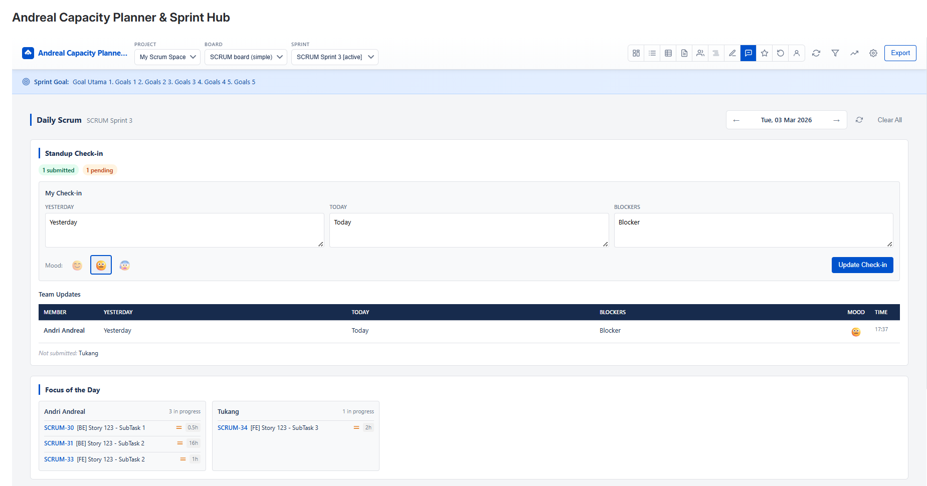 Daily Scrum — standup check-in, mood tracking, team updates, focus of the day