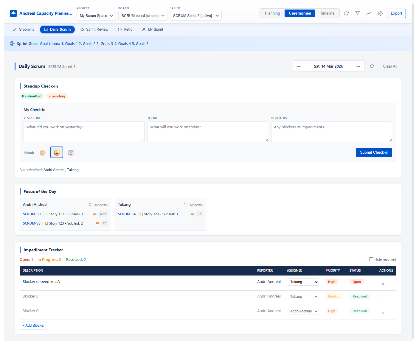 Daily Scrum — standup check-in, mood tracking, team updates, focus of the day