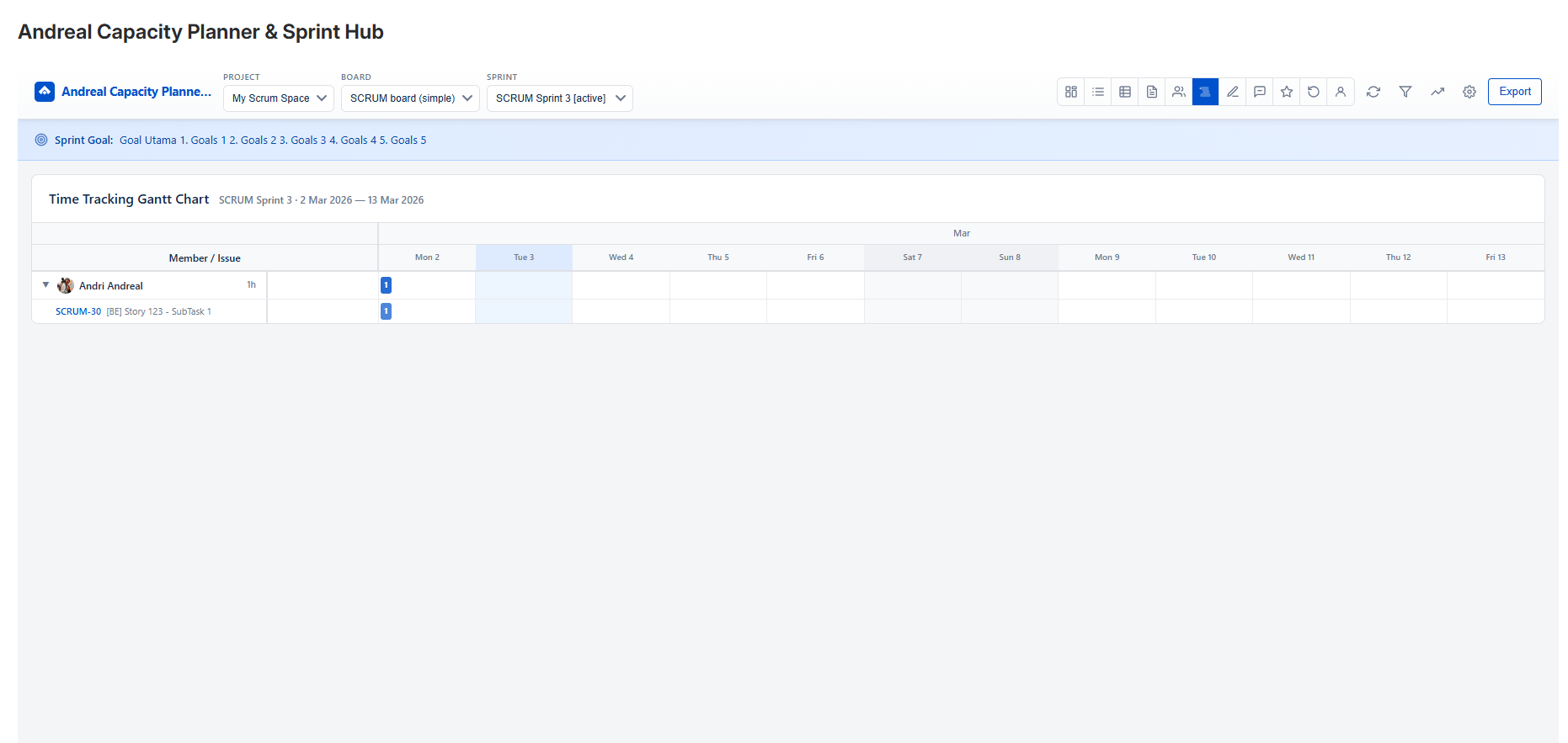 Gantt Chart — time tracking timeline with per-member worklog bars