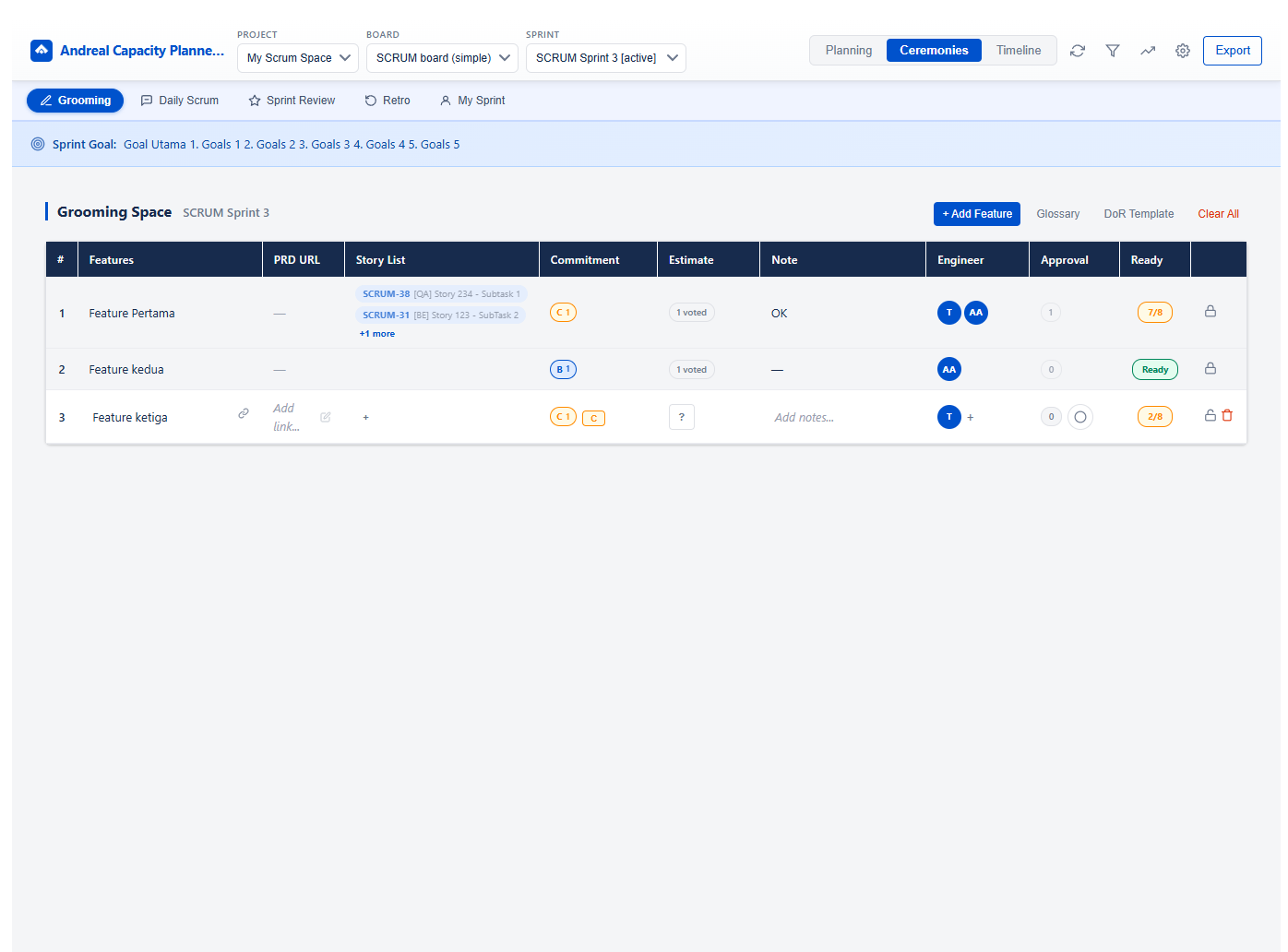 Grooming Space — planning poker, story linking, DoR checklist