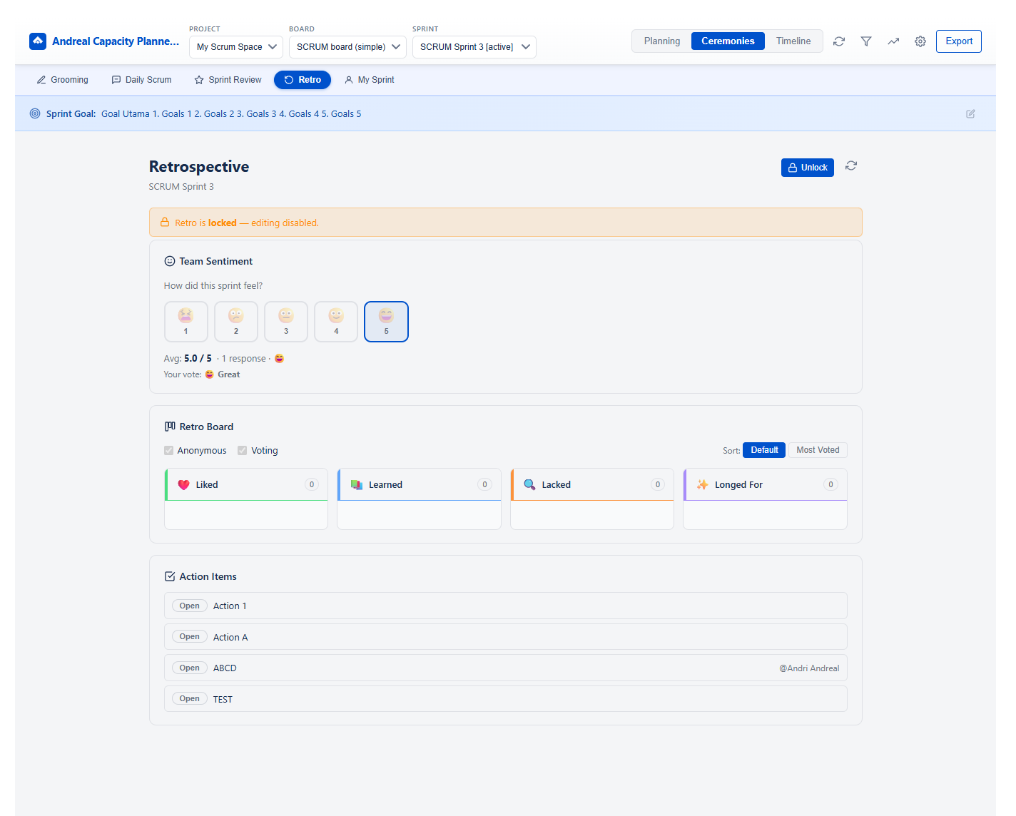 Retrospective — retro board, team sentiment, action items