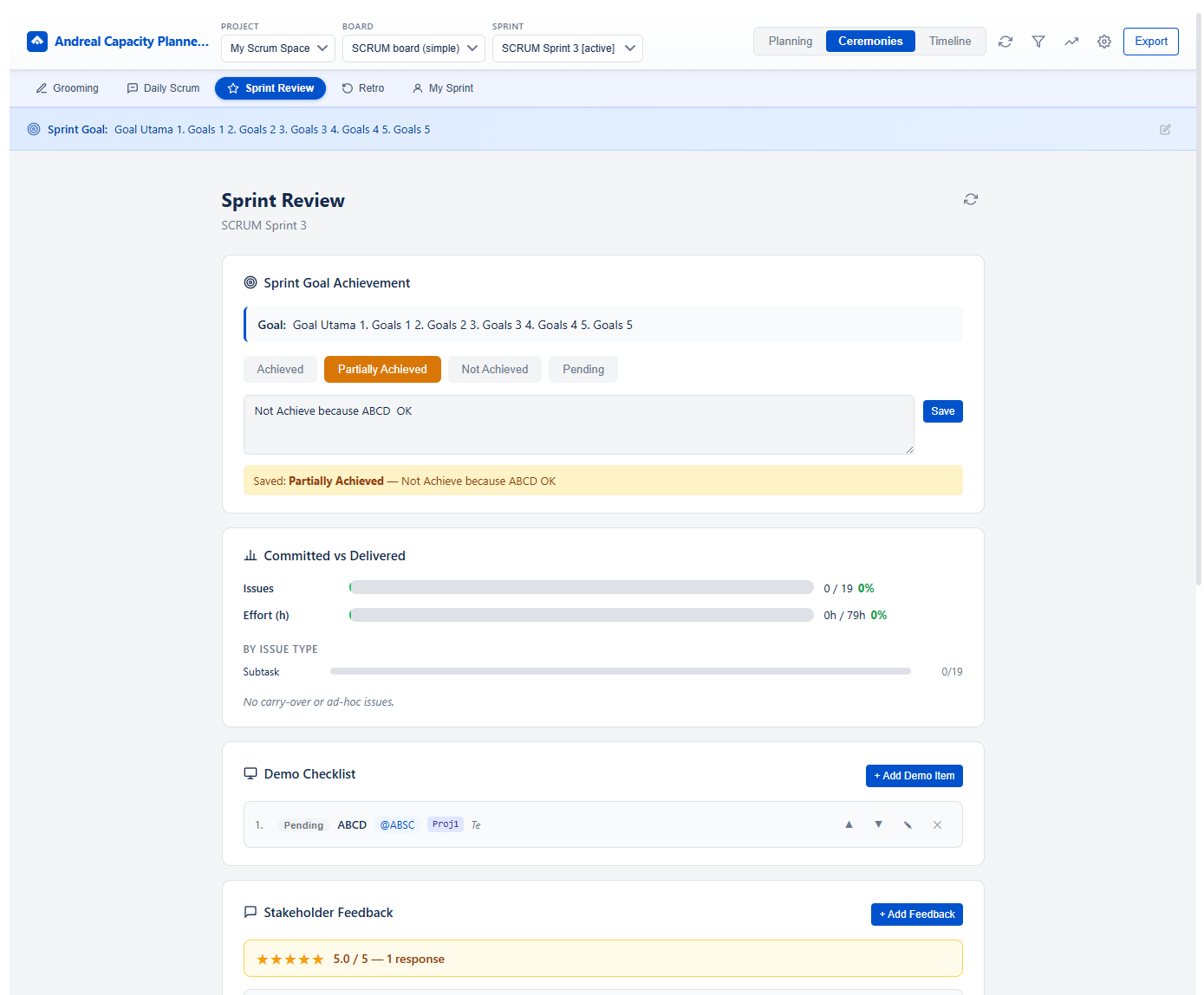 Sprint Review — goal achievement, committed vs delivered, demo checklist